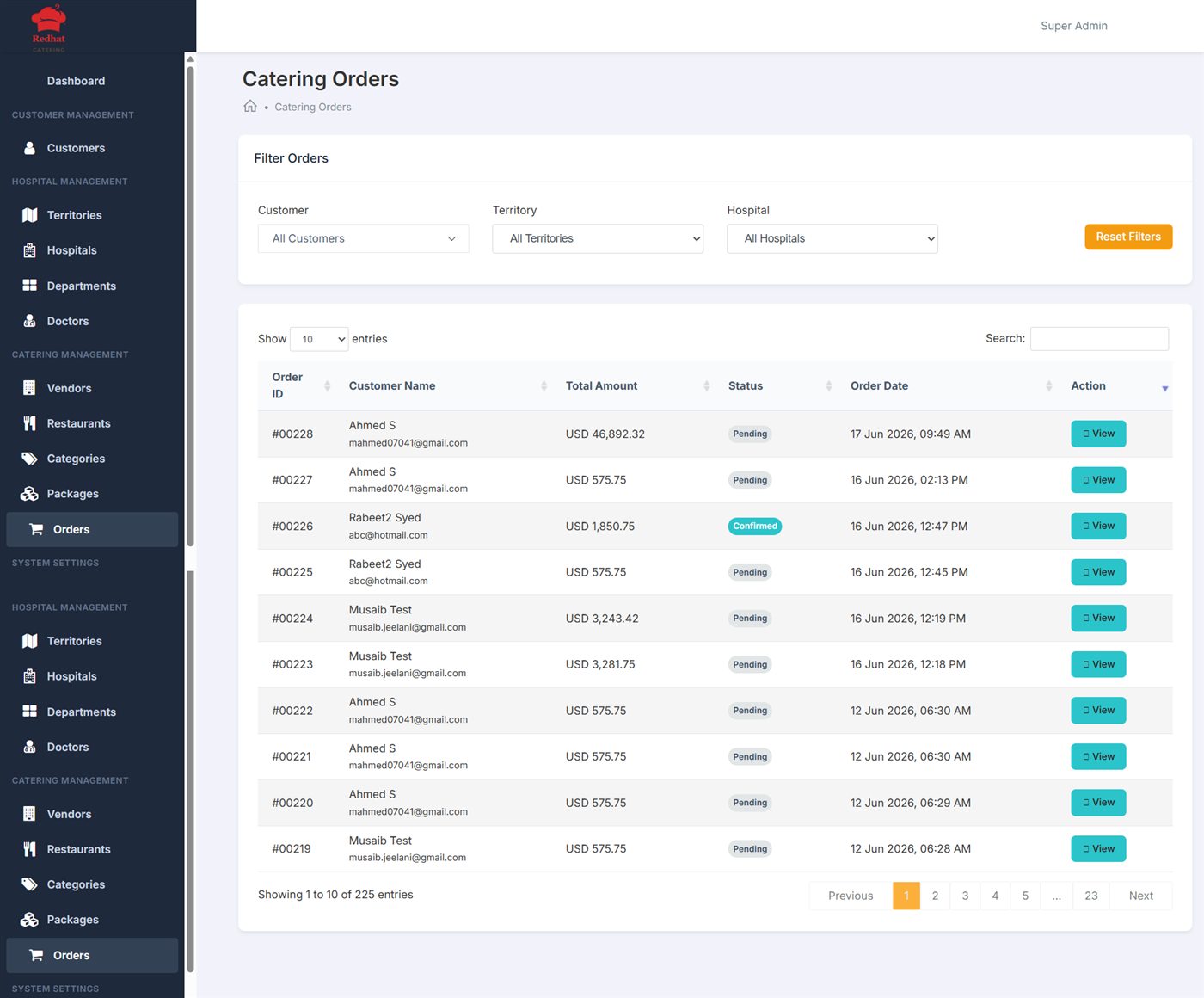Catering orders administration dashboard